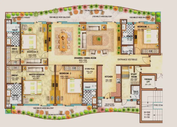 4 BHK + Study Floor Plan