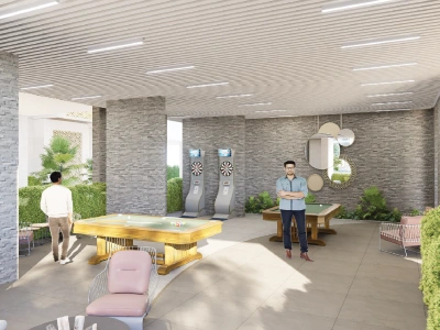 Indoor recreational area at Aspire Centurian Park with pool table and dart games